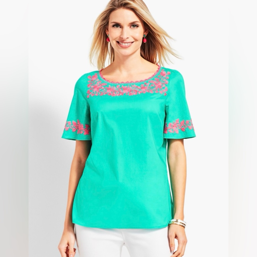 Talbots EMBROIDERED FLUTTER-SLEEVE TOP Size M